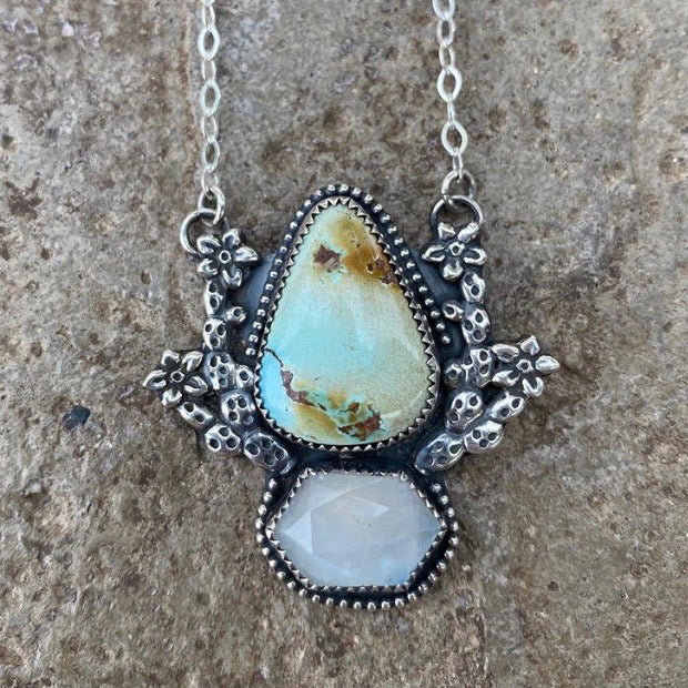 turquoise and moonstone necklace made with flowering prickly pear casting